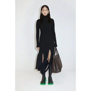 Bottega Veneta PF 21 Black Chunky Knit T-Neck Dress with Draping Panel Details